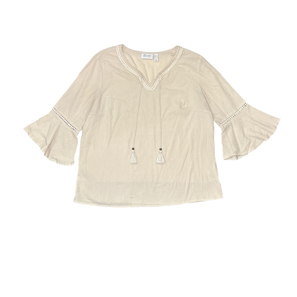 Denim & Co. Cream Bohemian Lightweight Blouse w/ Tassel & Flared Sleeve Accent L